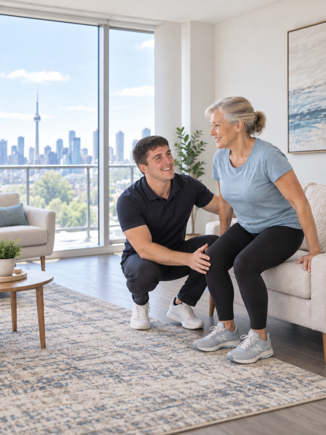 Nicholas supporting an older adult as she stands from a sofa during an in-home physiotherapy visit