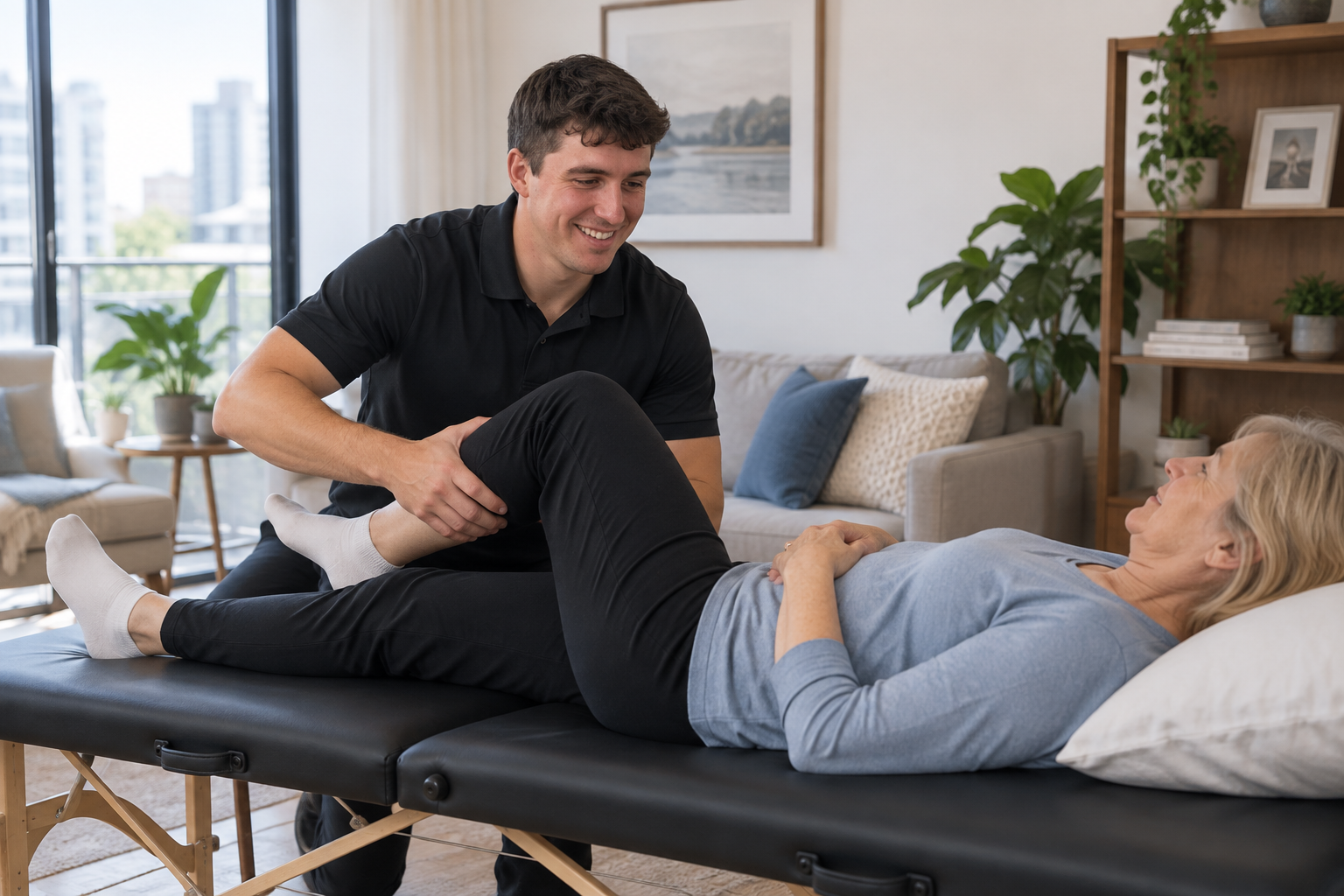 Nicholas guiding an older adult through a leg movement during physiotherapy at home
