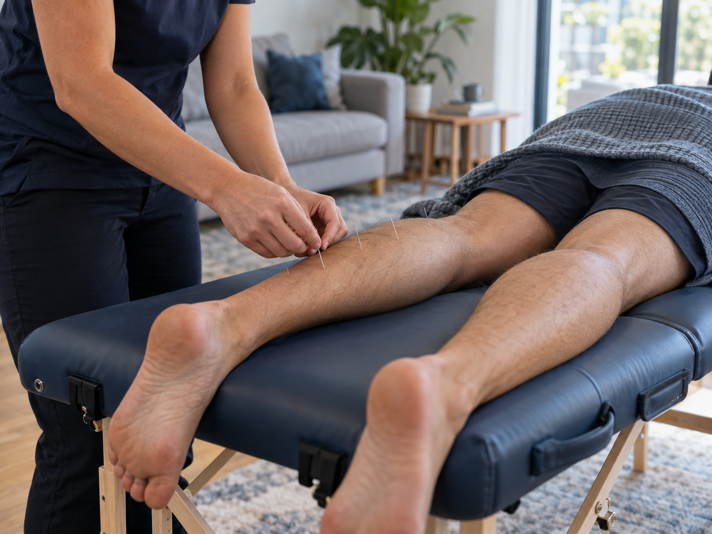 Physiotherapy treatment being provided to a patient's lower leg at home